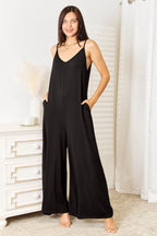 Double Take Full Size Soft Rayon Spaghetti Strap Tied Wide Leg Jumpsuit - Delanoir