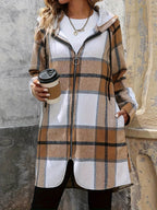 Drawstring Plaid Zip Up Hooded Outerwear - Delanoir