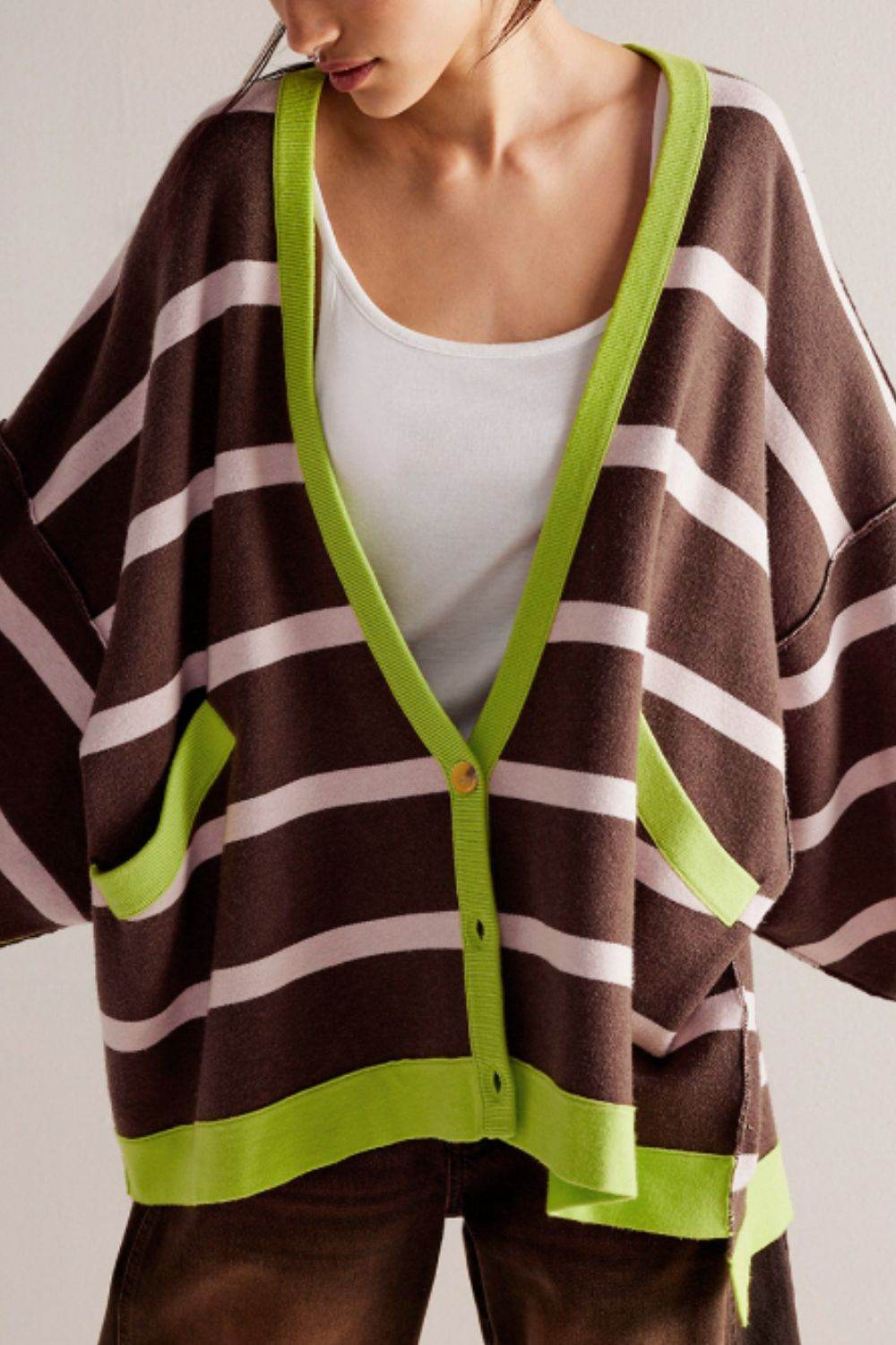 Contrast Stripes Button Down Long Sleeve Cardigan - Delanoir