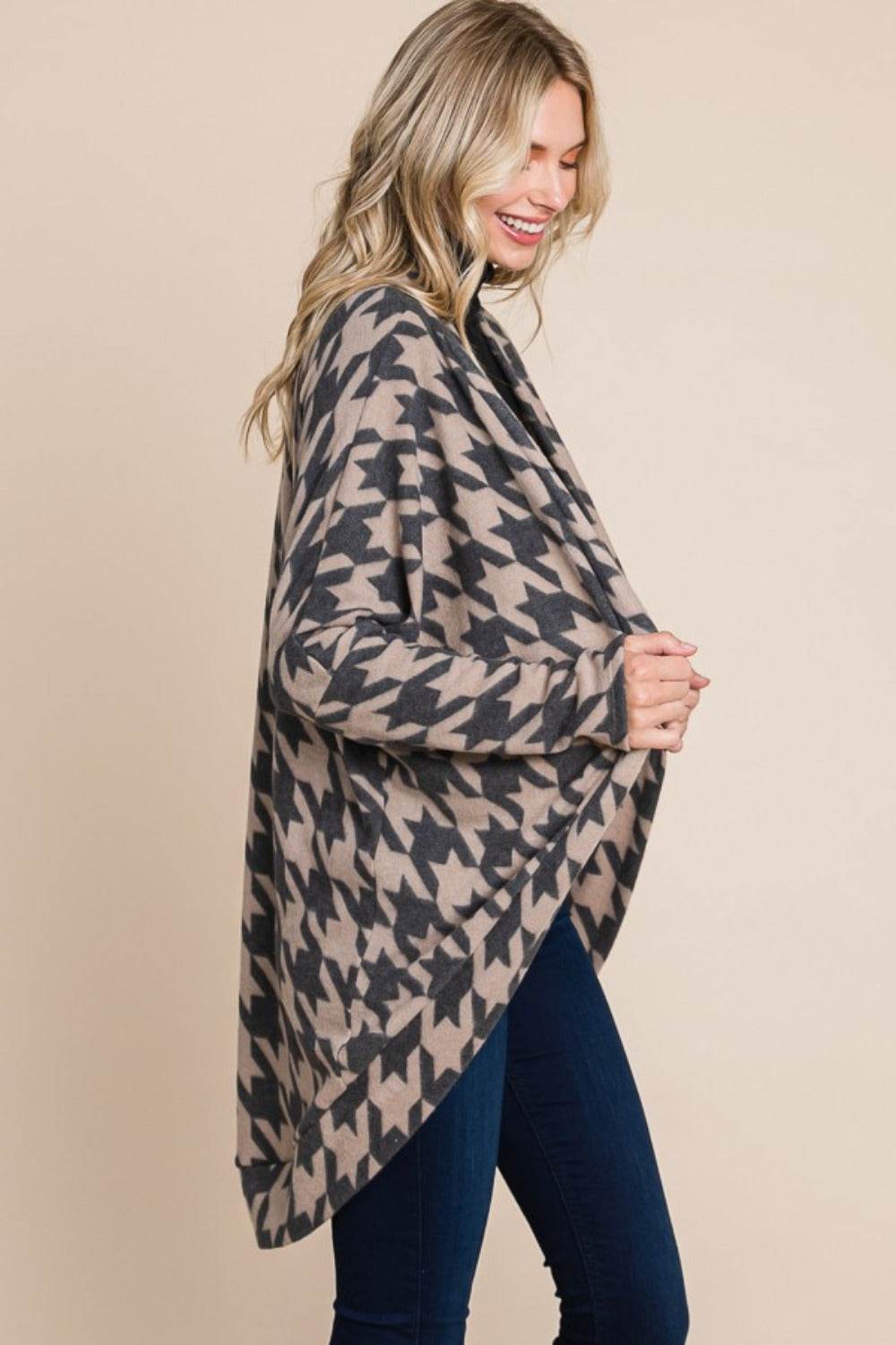 BOMBOM Houndstooth Open Front Cocoon Knit Cardigan - Delanoir