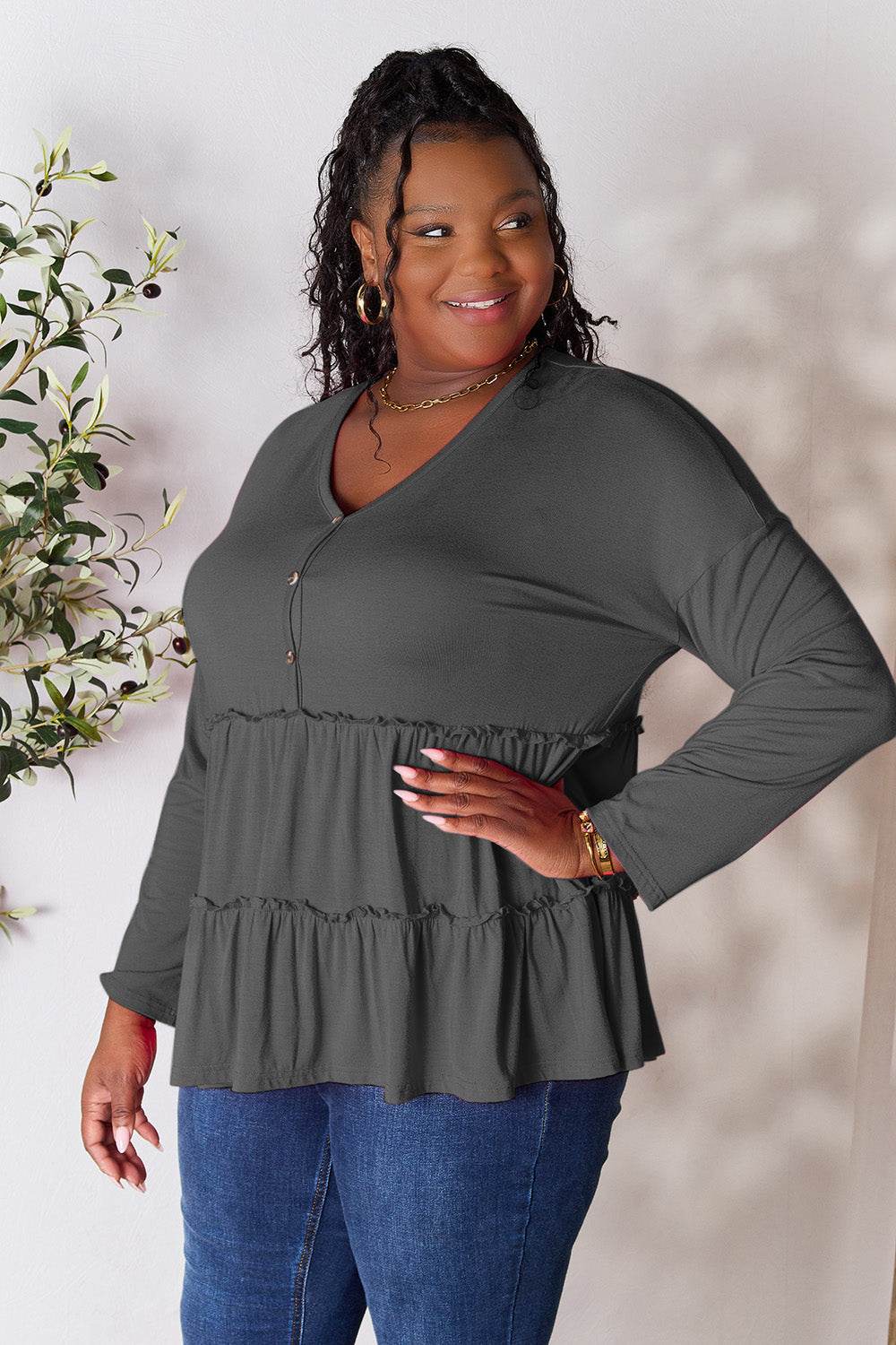 Double Take Half Button Long Sleeve Ruffle Hem Blouse - Delanoir
