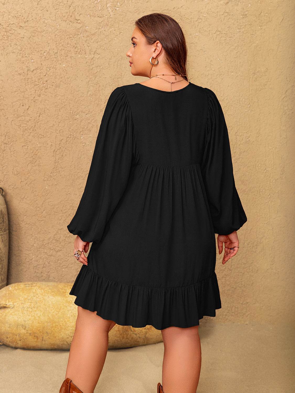 Plus Size Embroidered Tie Neck Long Sleeve Mini Dress - Delanoir