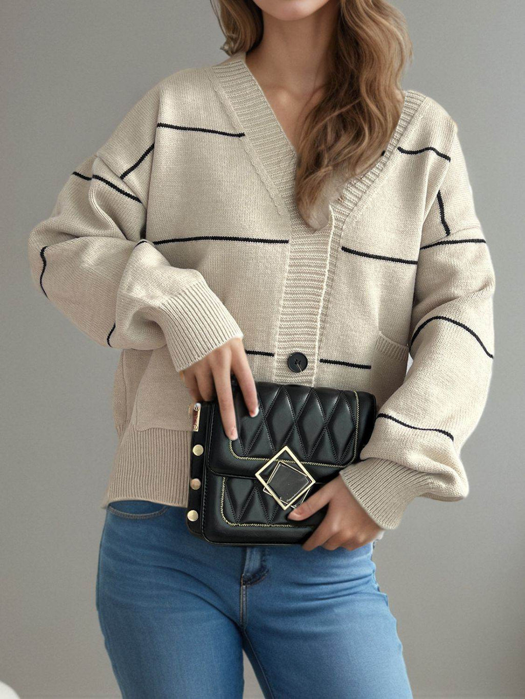 Striped Button Down V-Neck Long Sleeve Cardigan - Delanoir