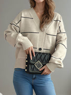 Striped Button Down V-Neck Long Sleeve Cardigan - Delanoir