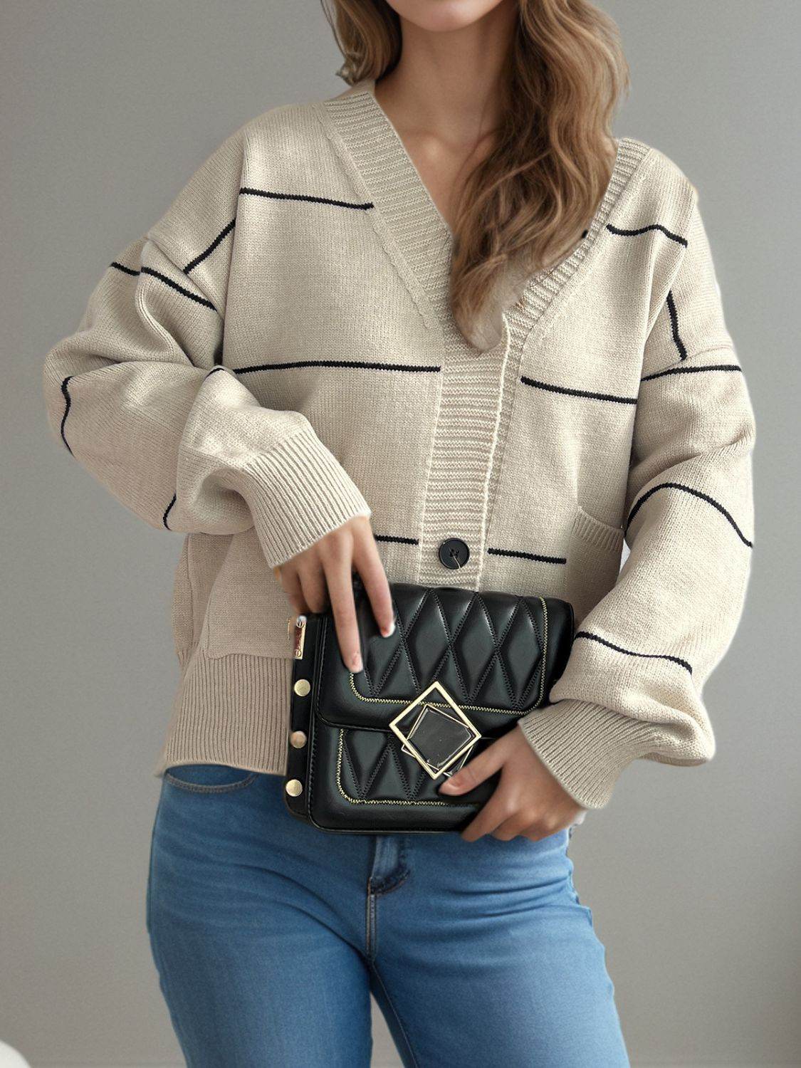 Striped Button Down V-Neck Long Sleeve Cardigan - Delanoir