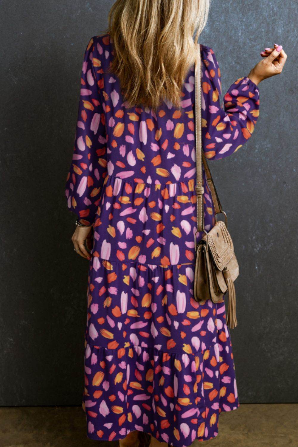 Printed Notched Long Sleeve Dress - Delanoir