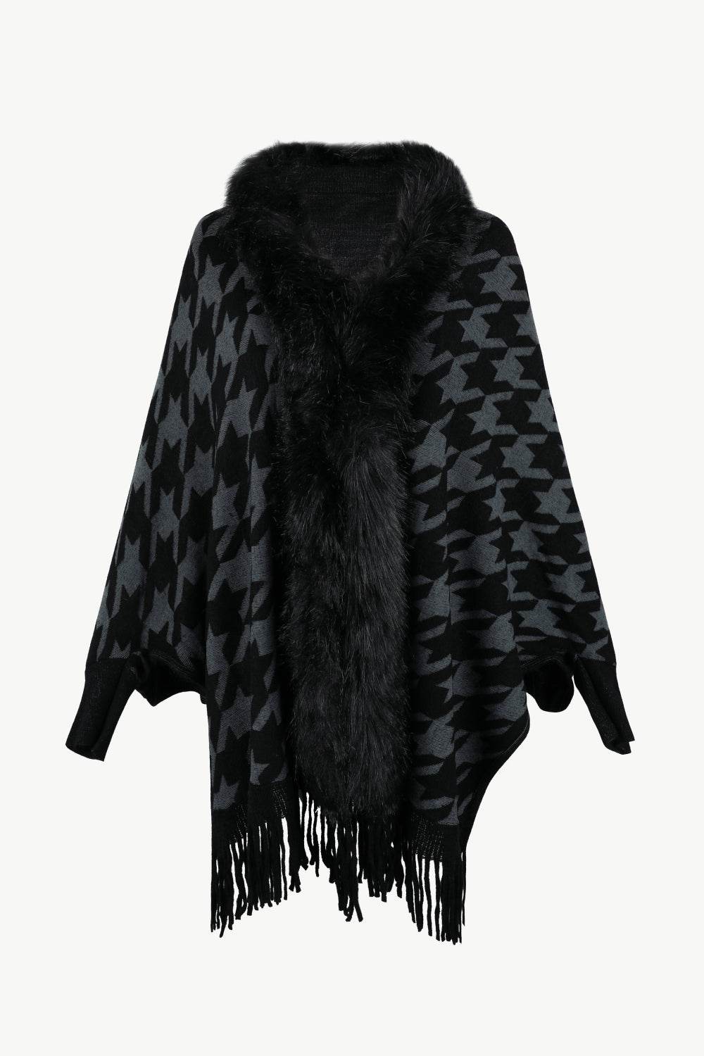 Houndstooth Fringe Hem Poncho - Delanoir