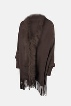 Fringe Open Front Long Sleeve Poncho - Delanoir