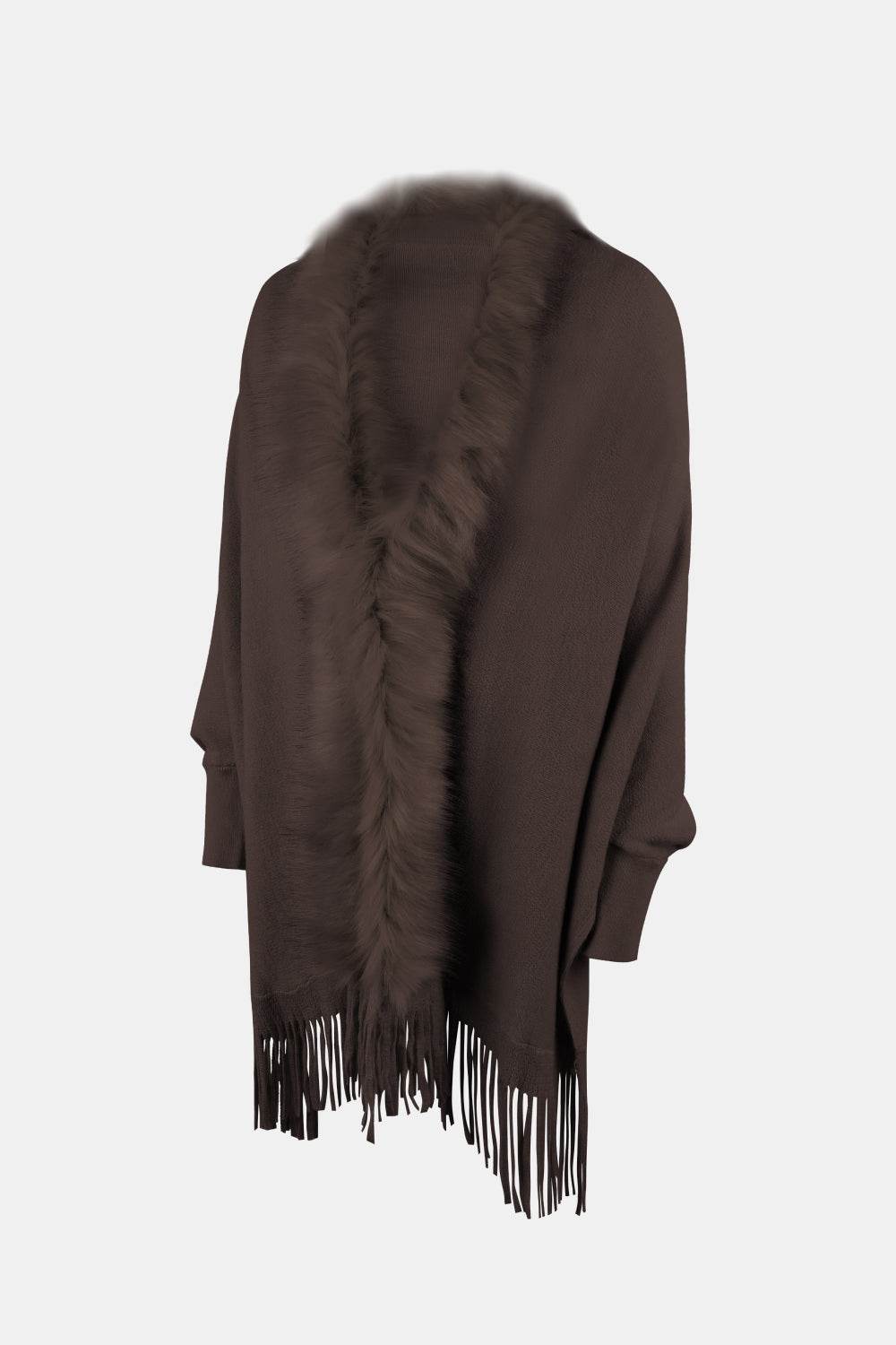 Fringe Open Front Long Sleeve Poncho - Delanoir