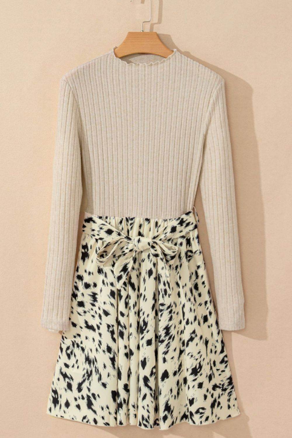 Printed Tie Waist Mock Neck Long Sleeve Dress - Delanoir