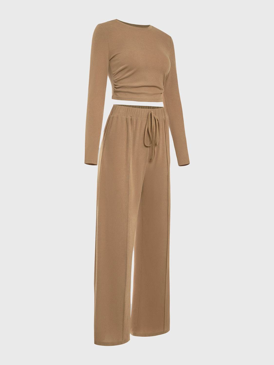Round Neck Long Sleeve Top and Tied Pants Set - Delanoir