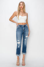 RISEN Full Size Cuffed Ankle Distressed Straight Jeans - Delanoir