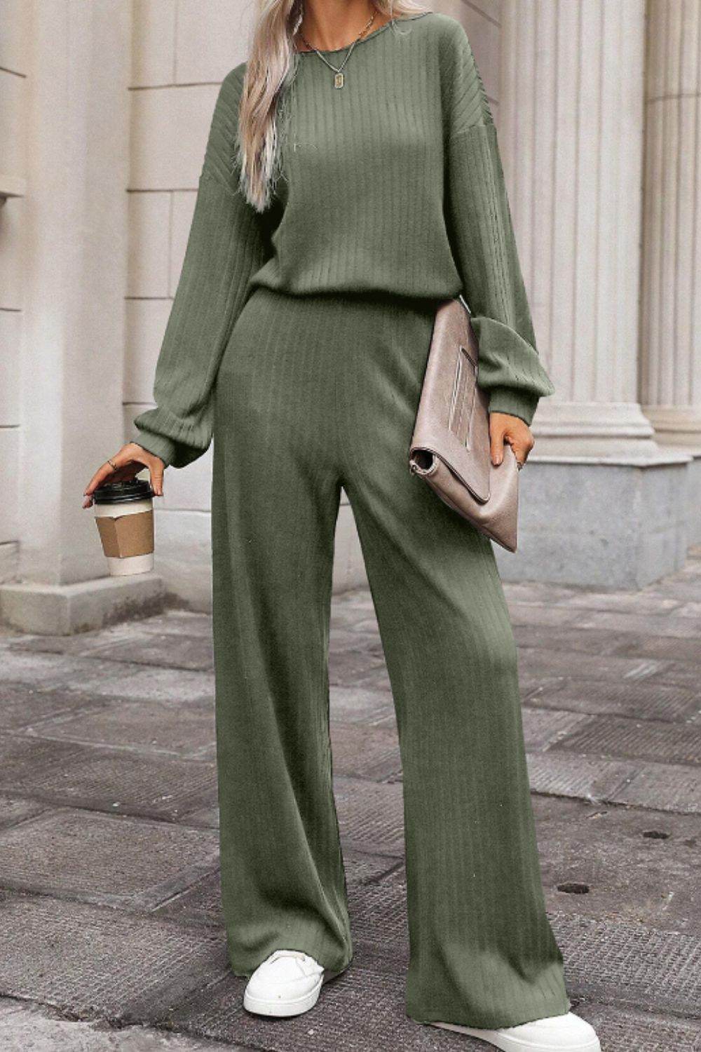 Round Neck Long Sleeve Jumpsuit - Delanoir