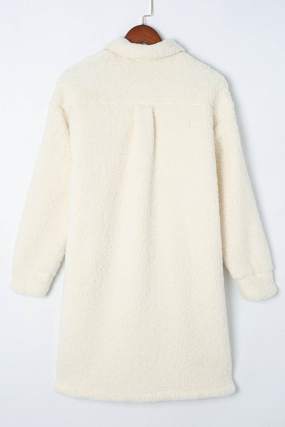 Collared Neck Long Sleeve Longline Teddy Jacket - Delanoir