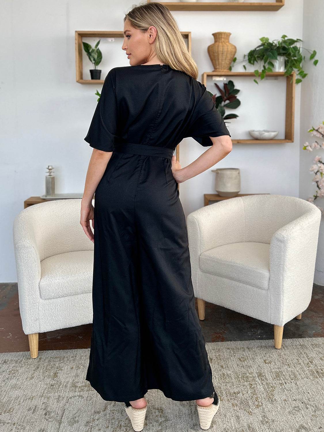 Double Take Full Size V-Neck Tied Side Slit Jumpsuit - Delanoir