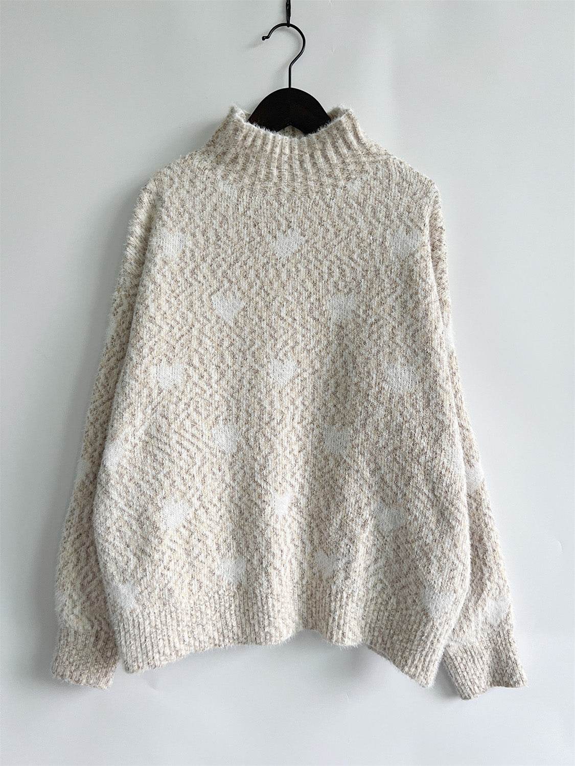 Heart Heathered Turtleneck Drop Shoulder Sweater - Delanoir