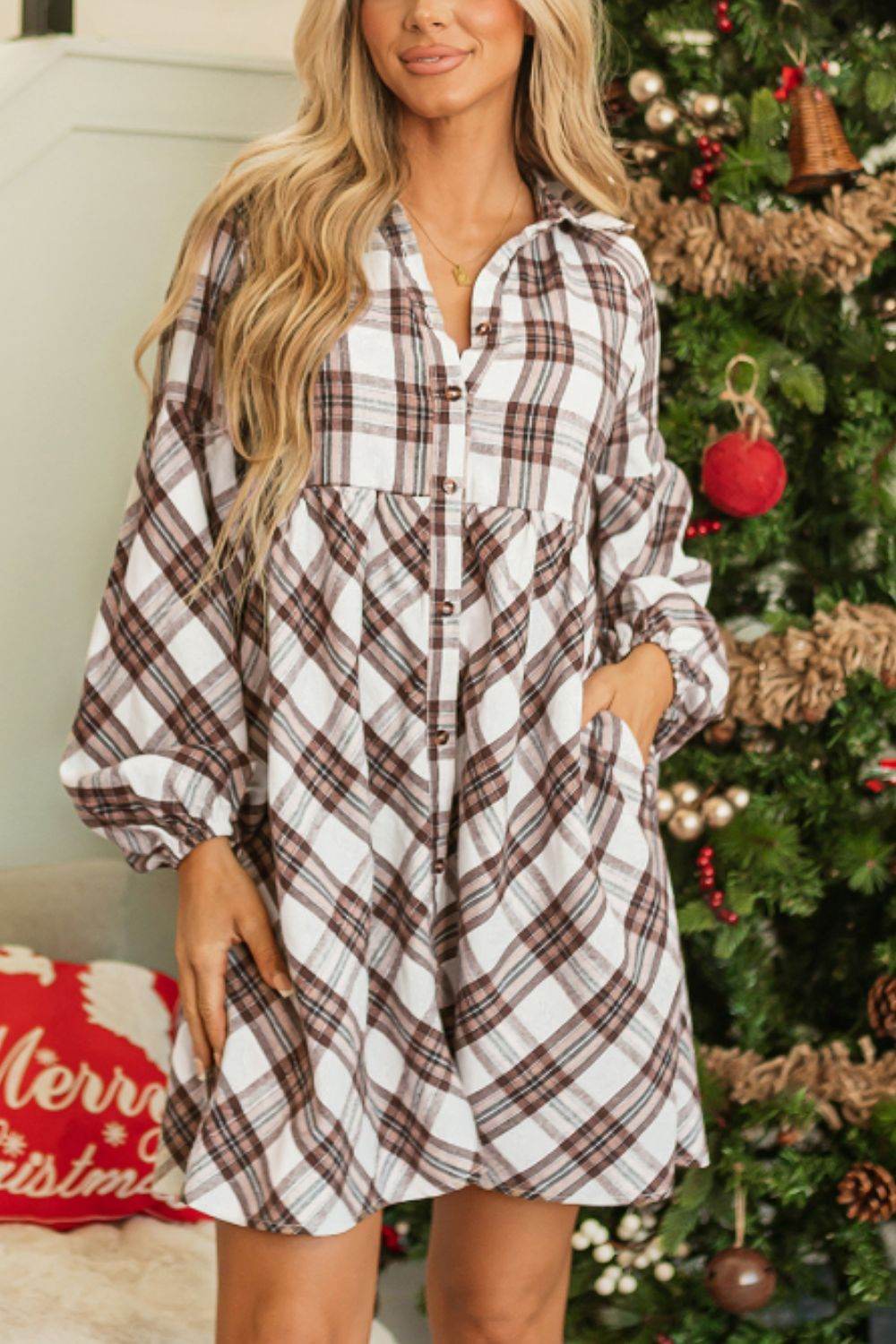 Full Size Plaid Collared Neck Balloon Sleeve Mini Shirt Dress - Delanoir