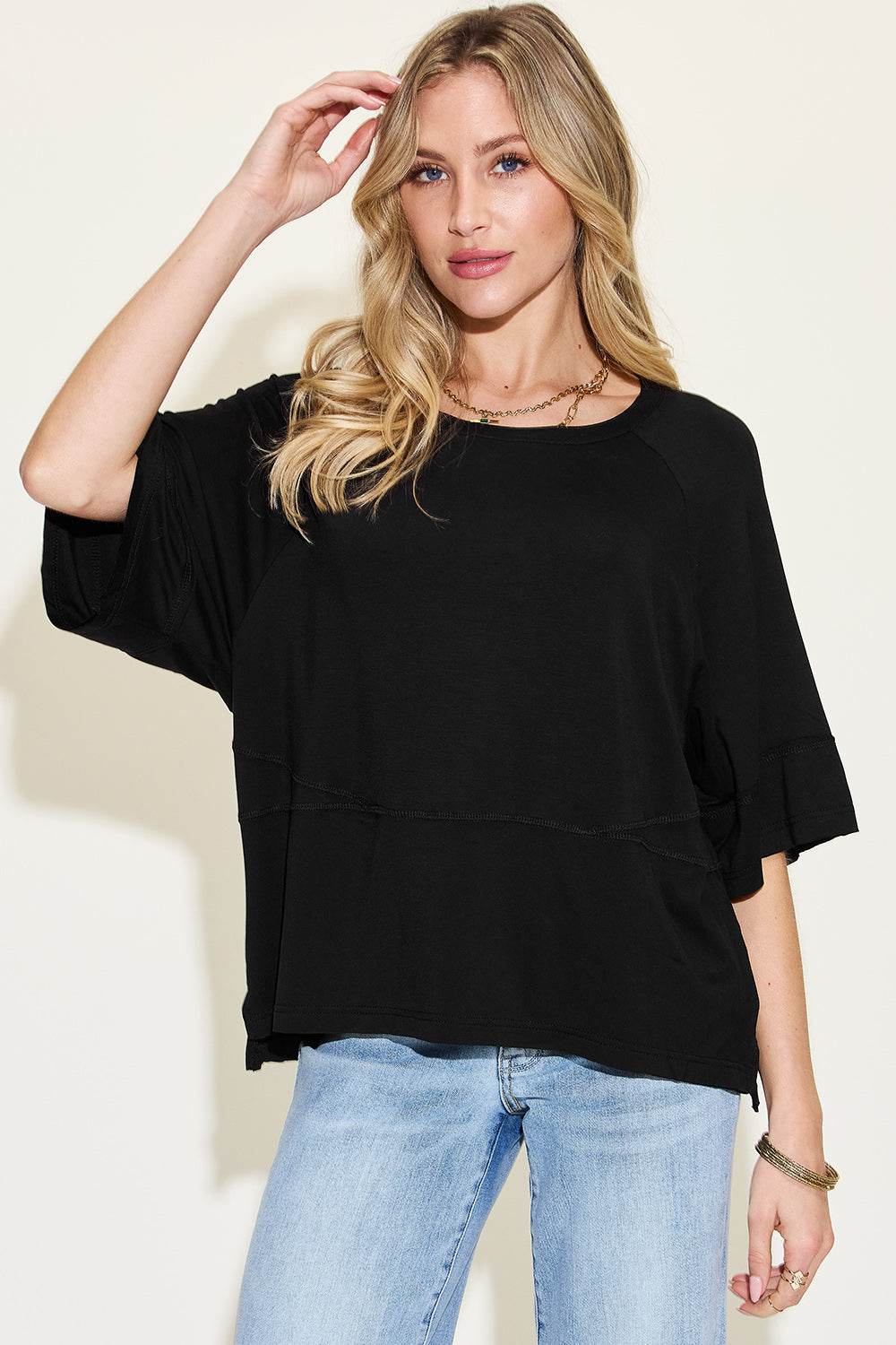 Basic Bae Full Size Bamboo Round Neck Exposed Seam T-Shirt - Delanoir