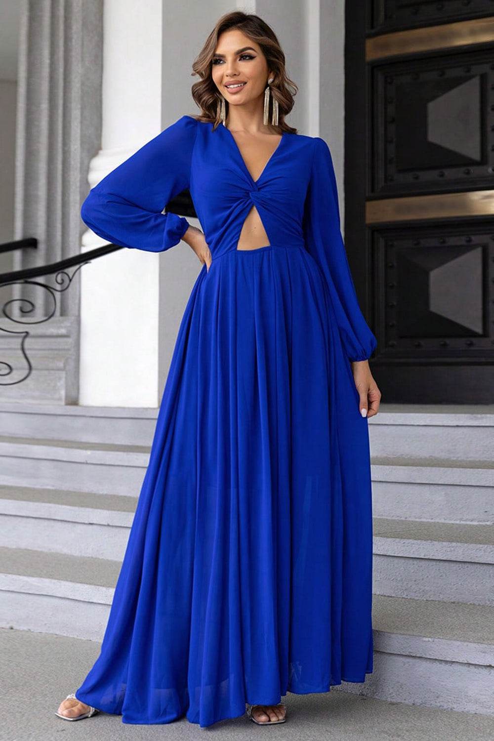Twist Front Cutout Long Sleeve Dress - Delanoir