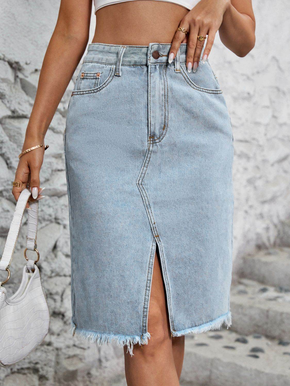 Raw Hem Slit Denim Skirt - Delanoir
