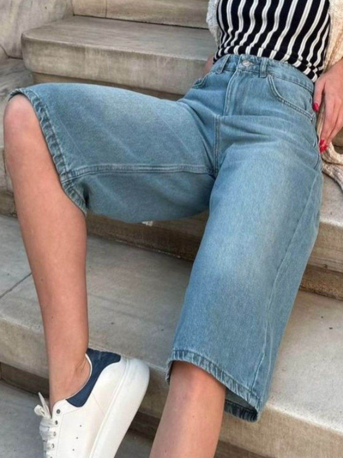 High Waist Denim Shorts with Pockets - Delanoir