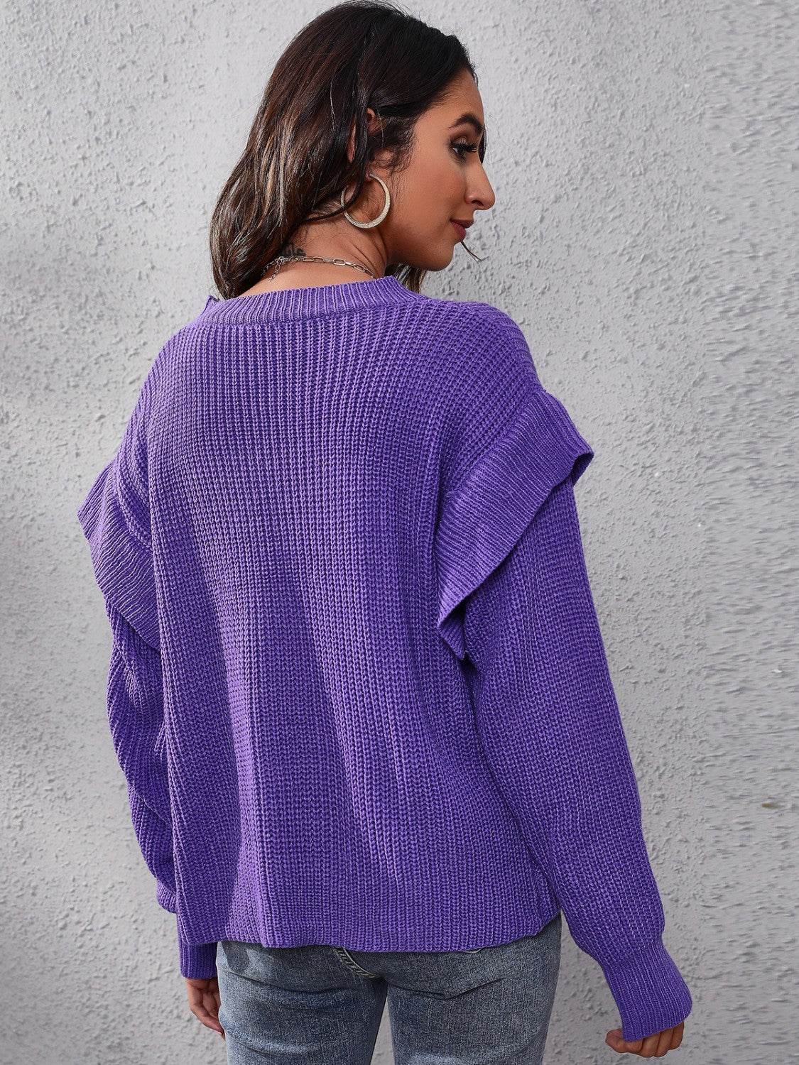 Ruffled Round Neck Dropped Shoulder Sweater - Delanoir