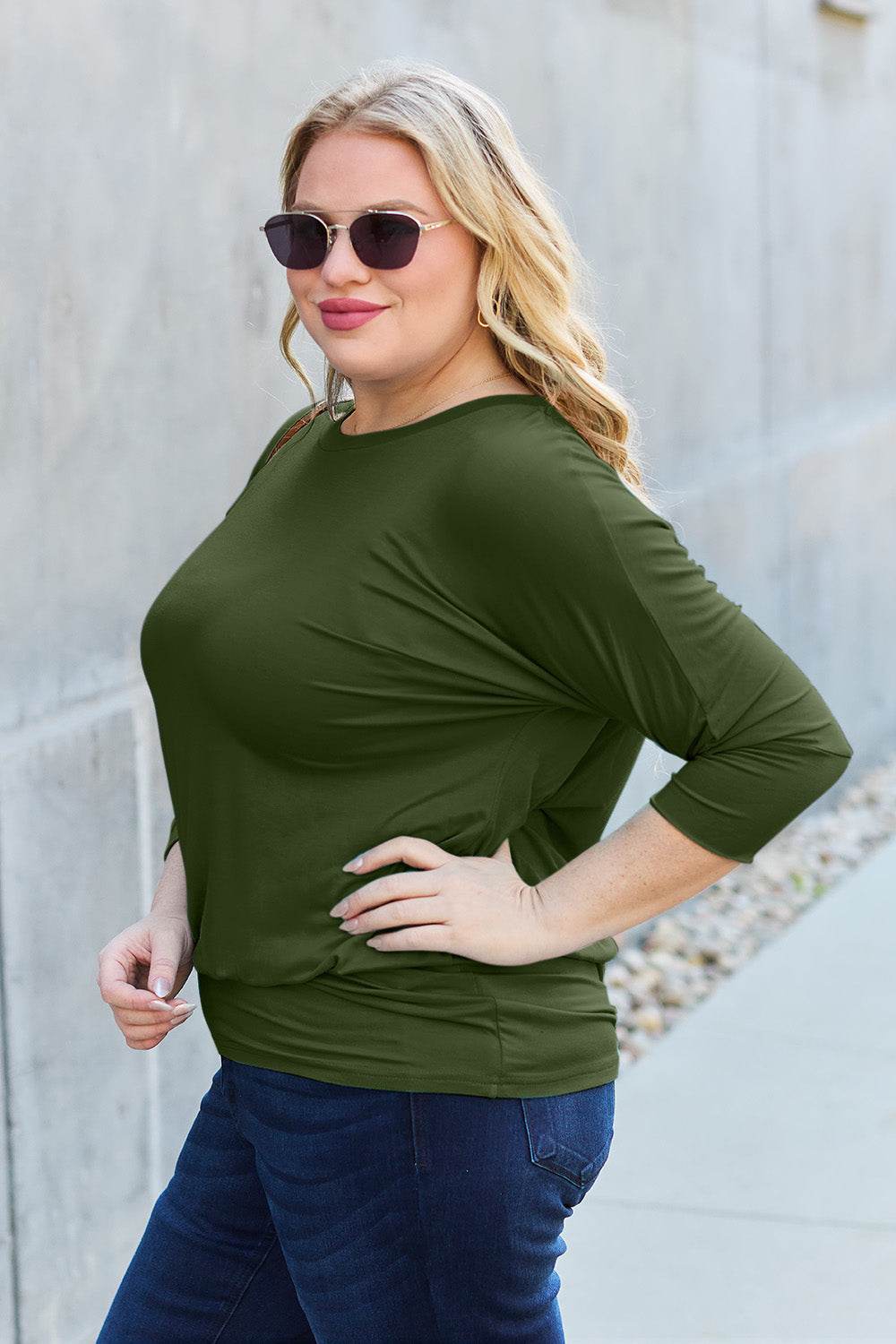 Basic Bae Full Size Round Neck Batwing Sleeve Top - Delanoir