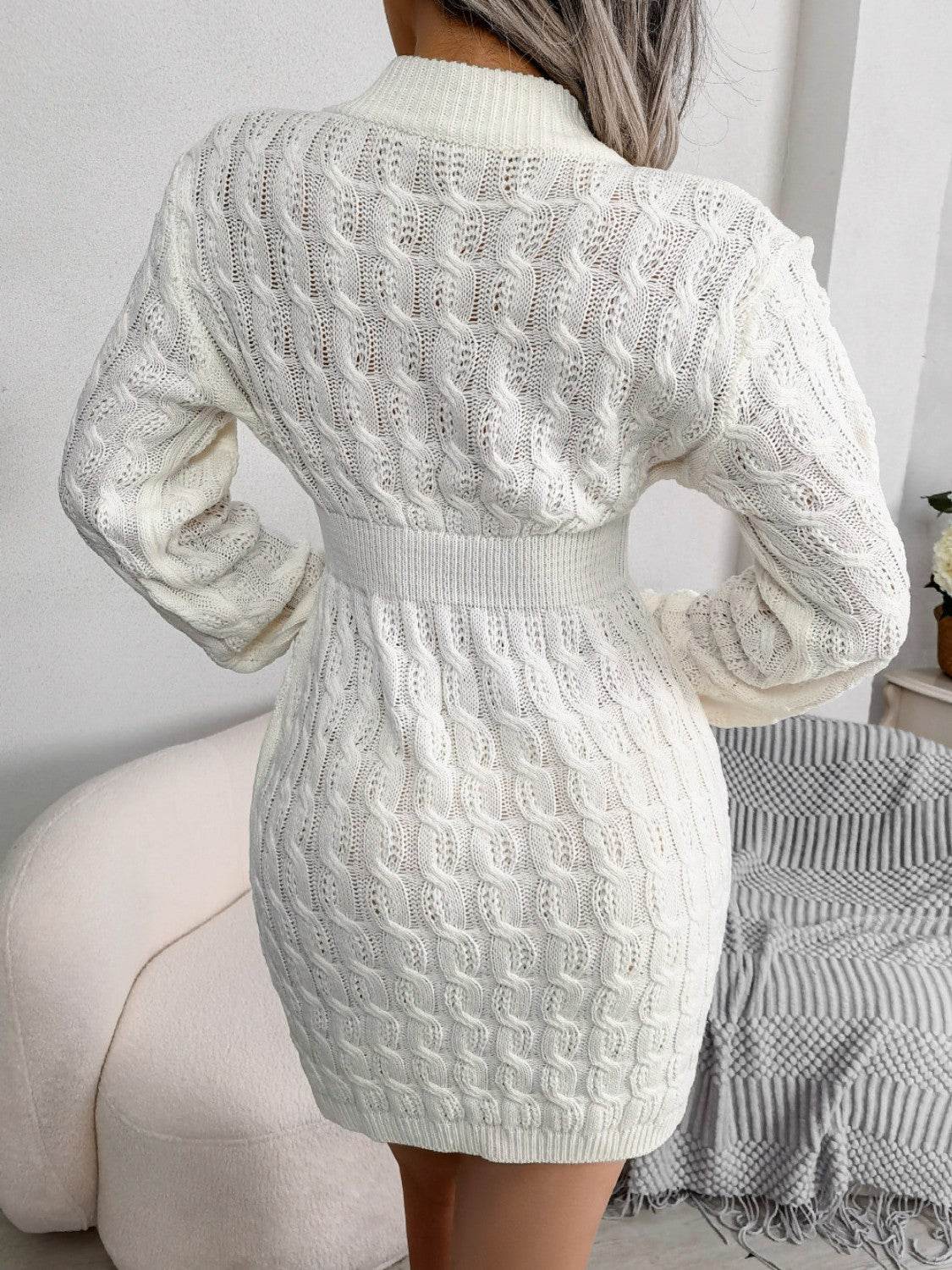 Cable-Knit Round Neck Mini Wrap Sweater Dress - Delanoir
