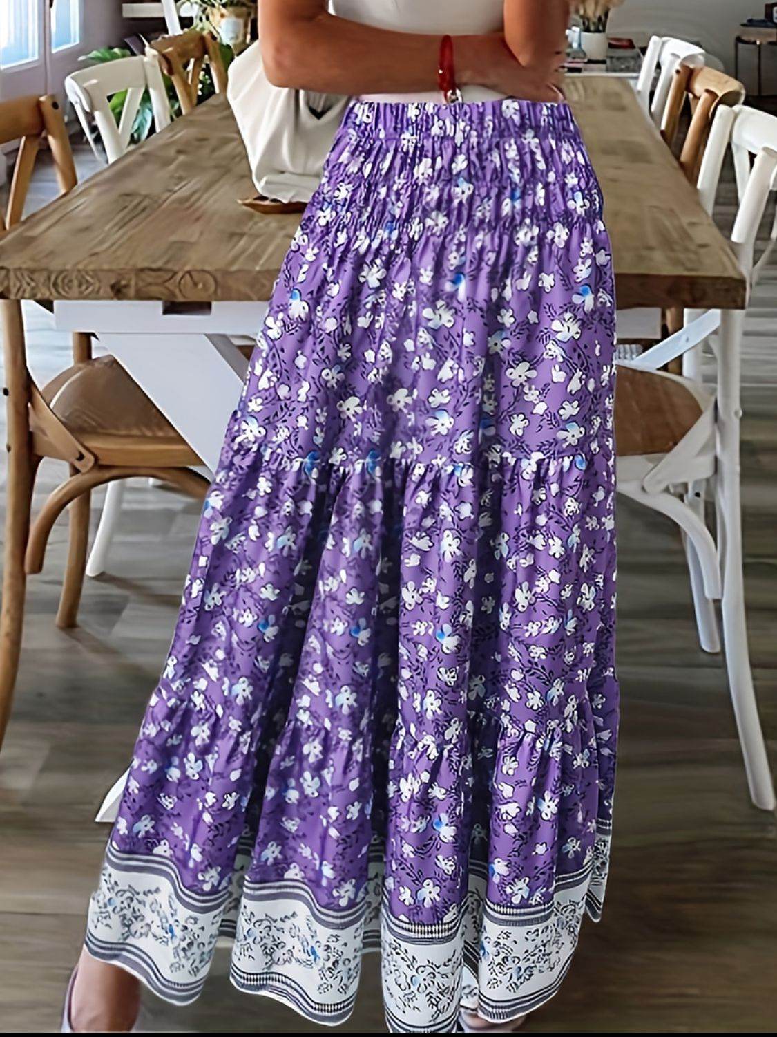 Full Size Tiered Printed Elastic Waist Skirt - Delanoir