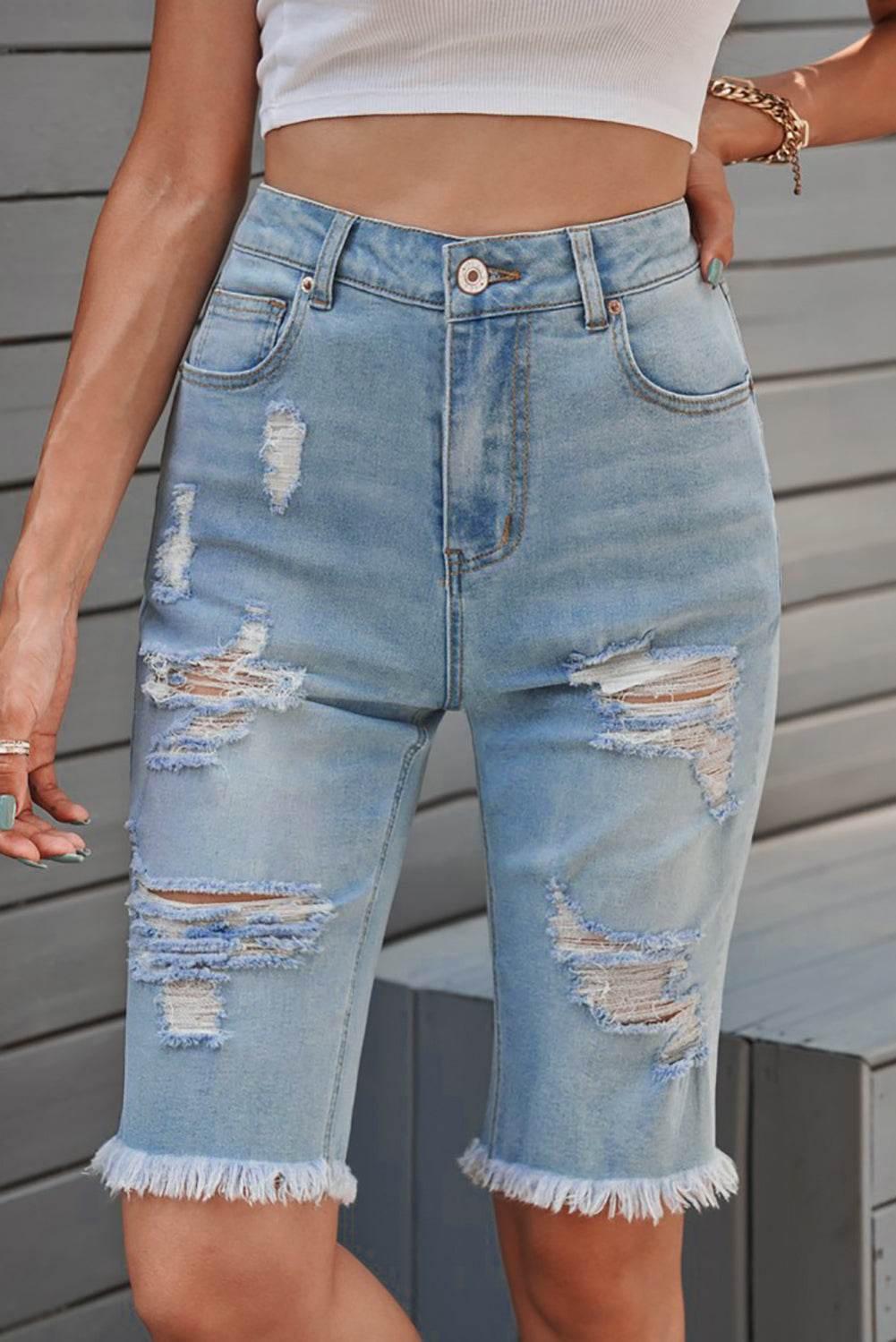 Distressed Raw Hem Denim Bermuda Shorts - Delanoir