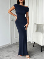Devine Ruched Single Shoulder Short Sleeve Maxi Dress - Delanoir