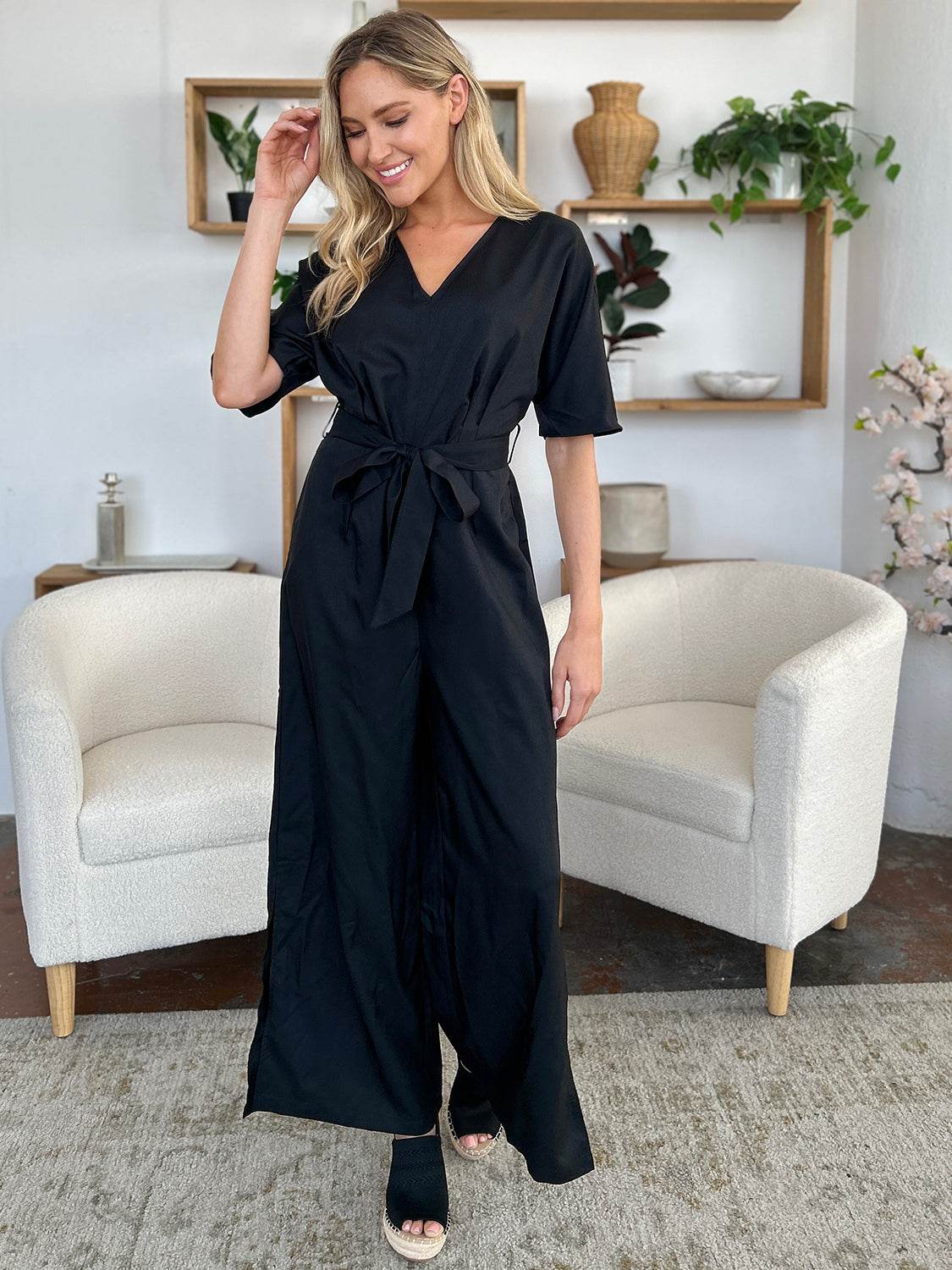 Double Take Full Size V-Neck Tied Side Slit Jumpsuit - Delanoir