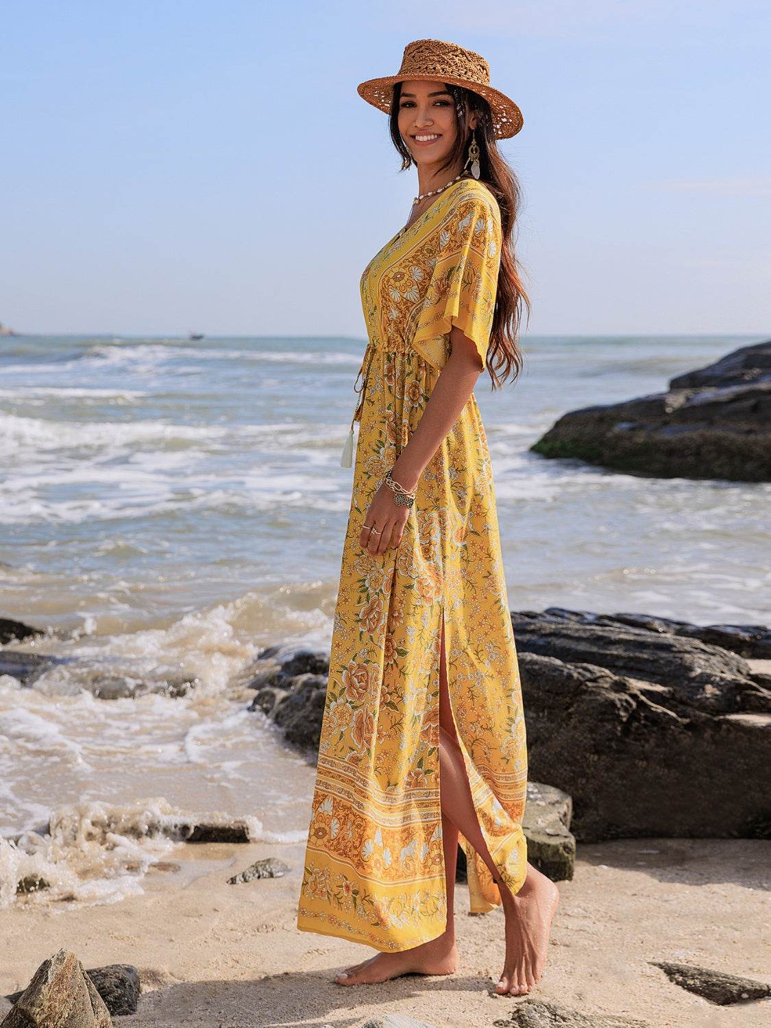 Drawstring Printed Plunge Half Sleeve Dress - Delanoir