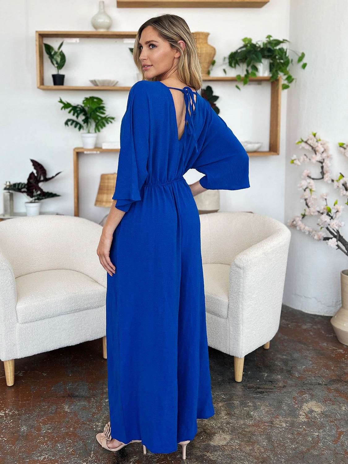 Double Take Full Size Surplice Wide Leg Jumpsuit with Pockets - Delanoir