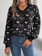 Heart Pattern V-Neck Long Sleeve Sweater - Delanoir