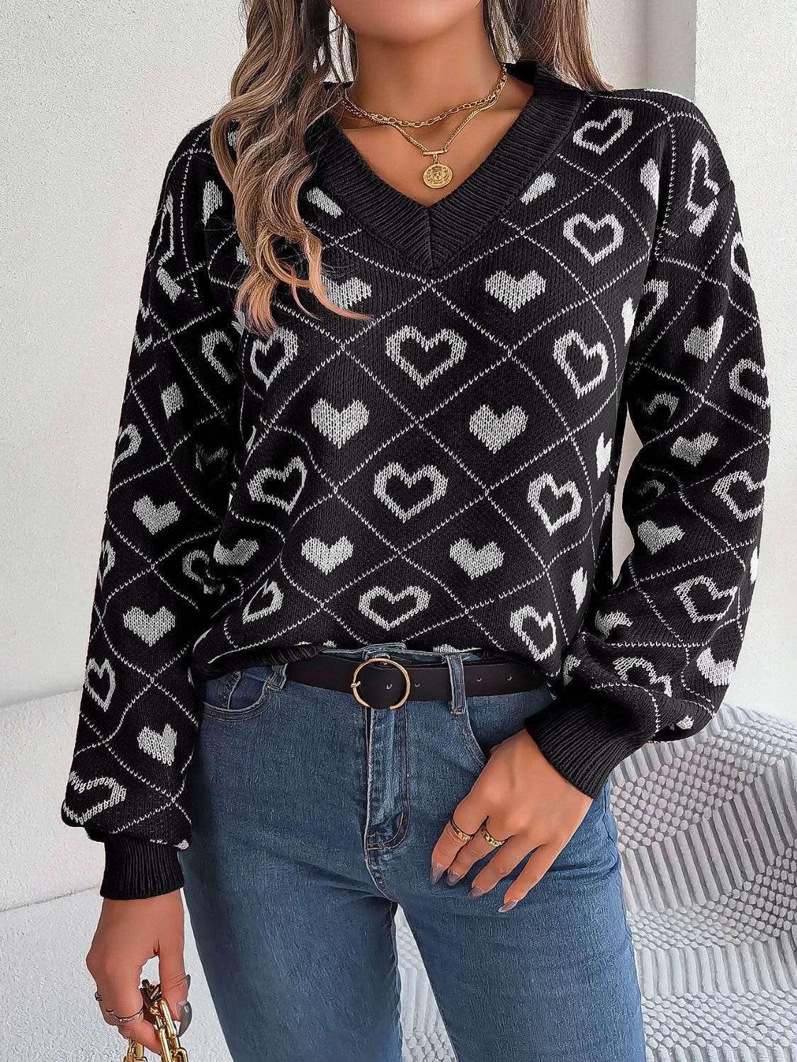 Heart Pattern V-Neck Long Sleeve Sweater - Delanoir