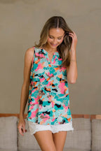 Sew In Love Wrinkle-Free Floral Notched Tank - Delanoir