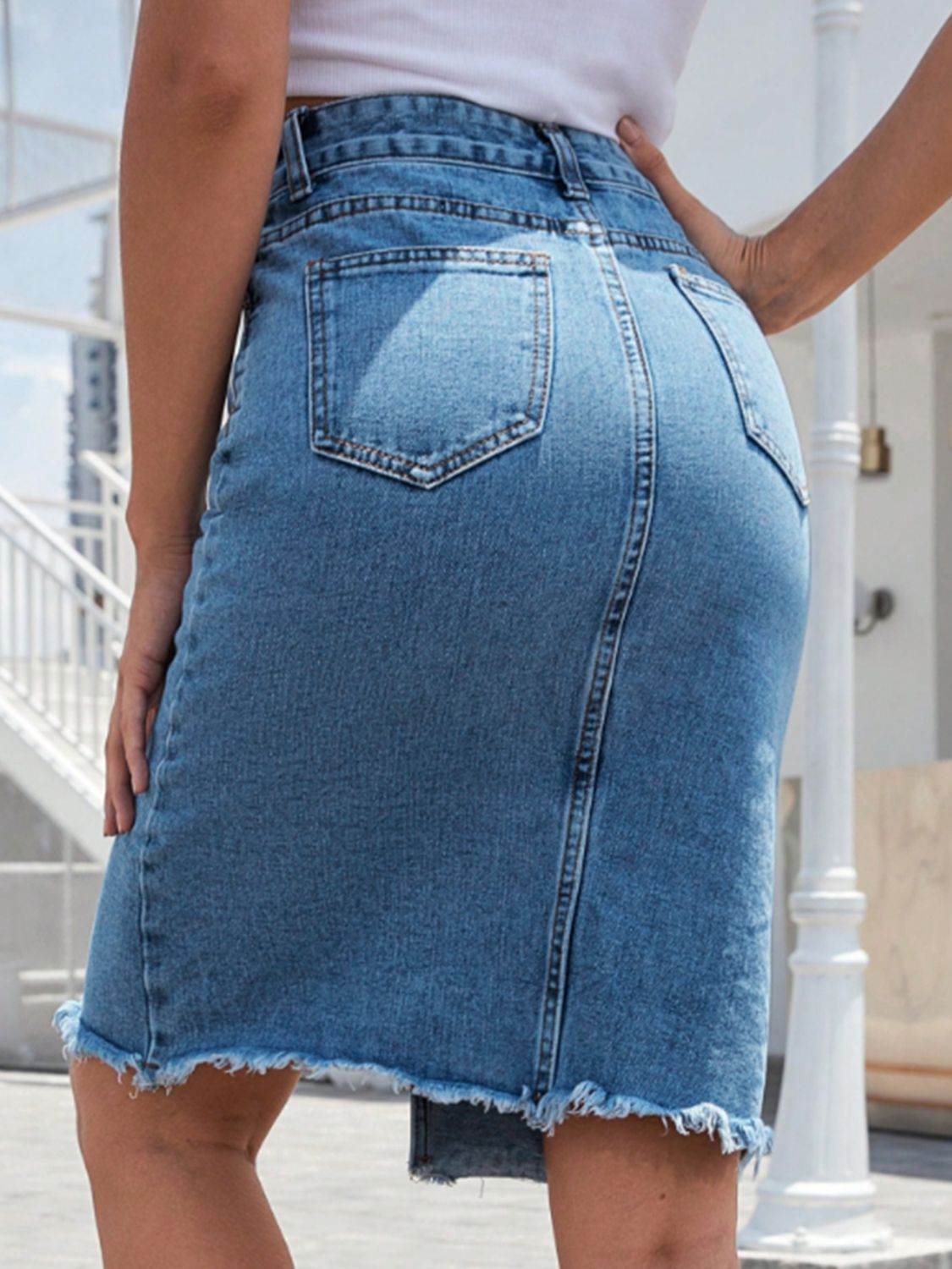 Raw Hem Slit Denim Skirt - Delanoir