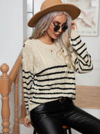 Striped Round Neck Cable-Knit Sweater - Delanoir