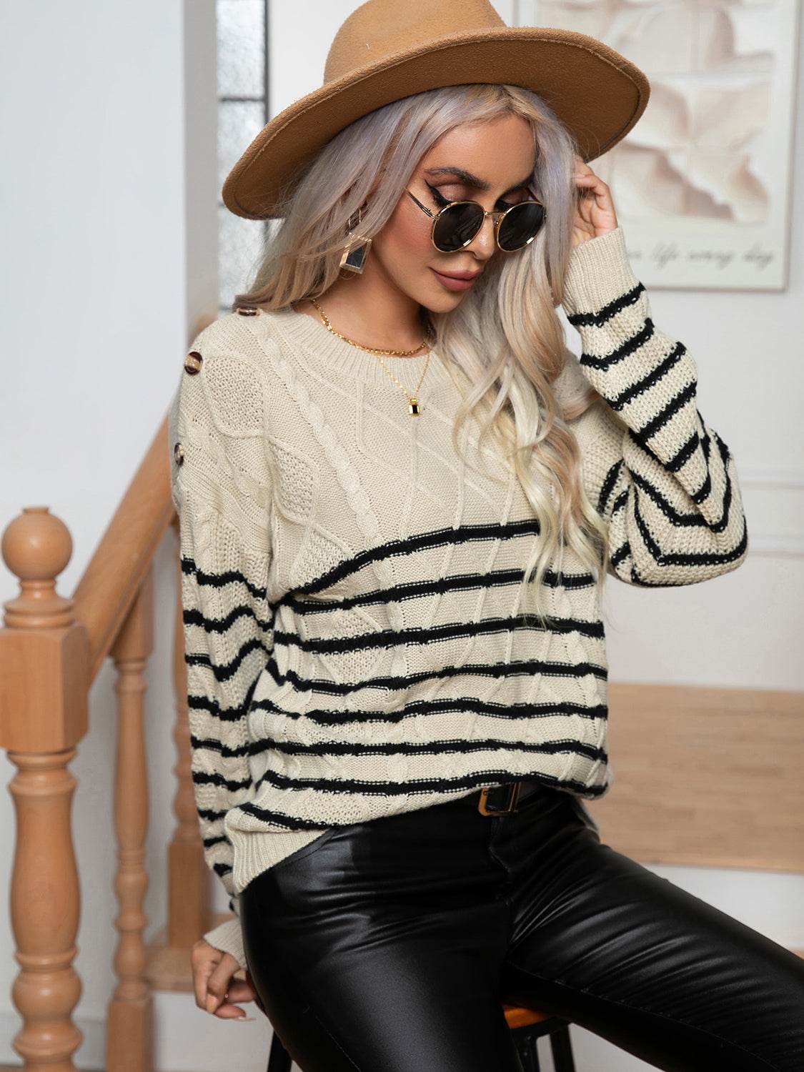 Striped Round Neck Cable-Knit Sweater - Delanoir
