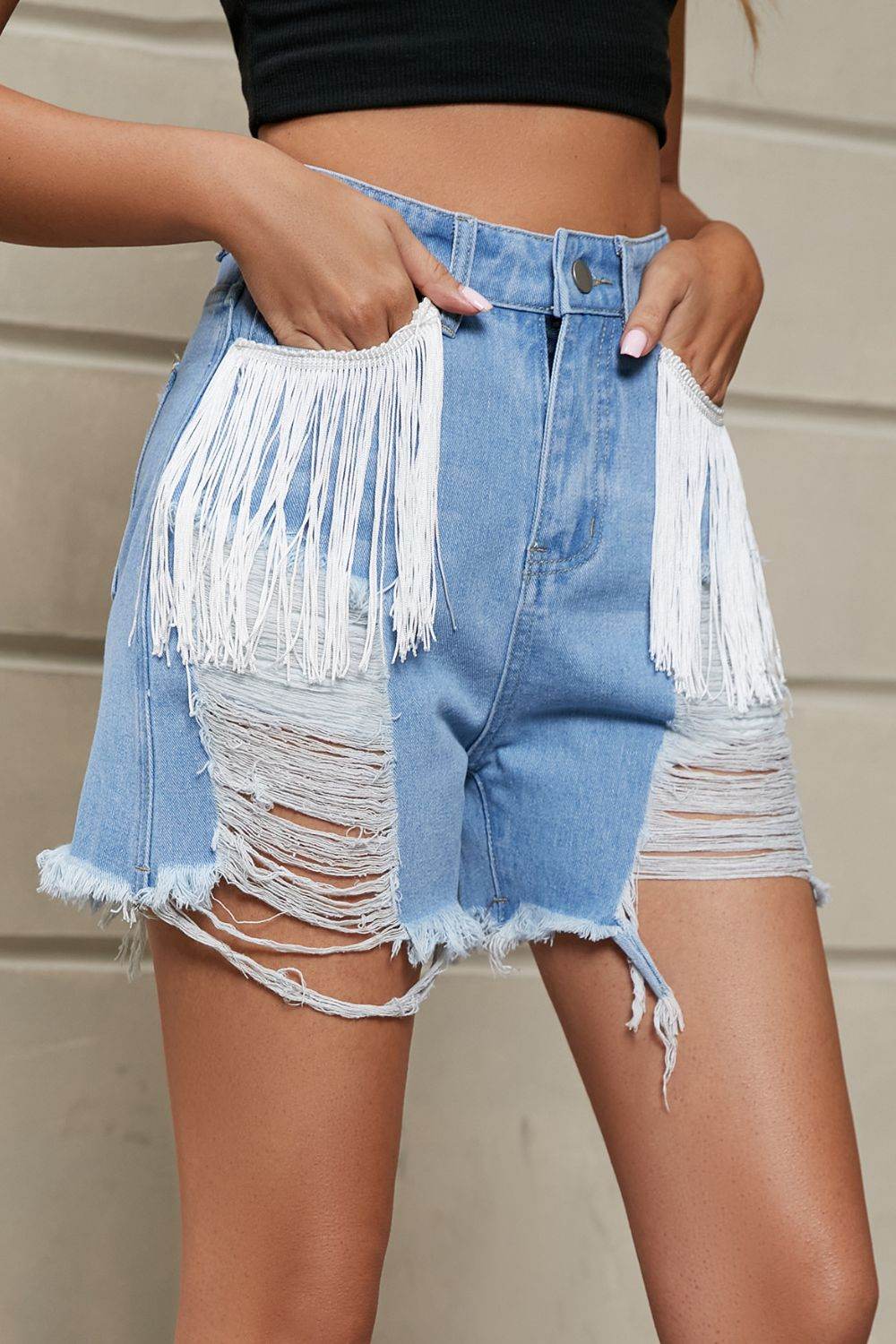 Fringe Trim Distressed Denim Shorts with Pockets - Delanoir