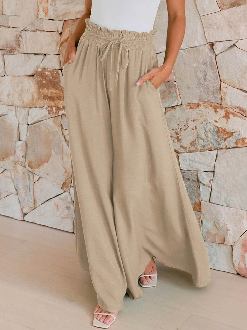 Drawstring Wide Leg Pants with Pockets - Delanoir