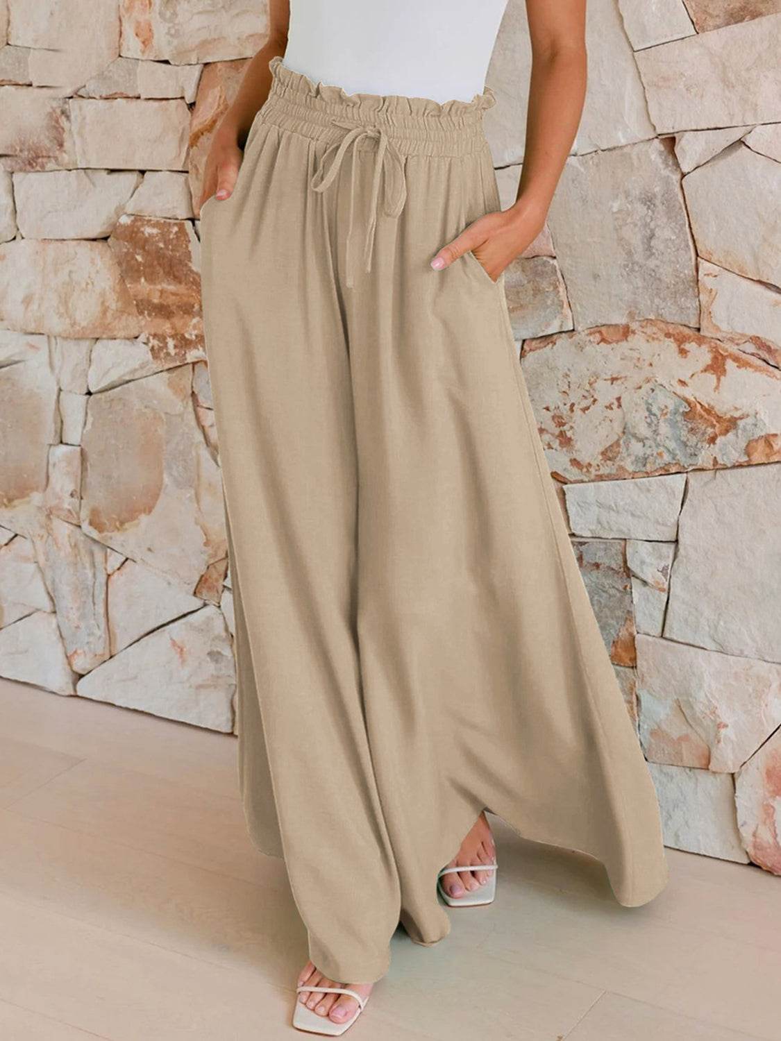 Drawstring Wide Leg Pants with Pockets - Delanoir