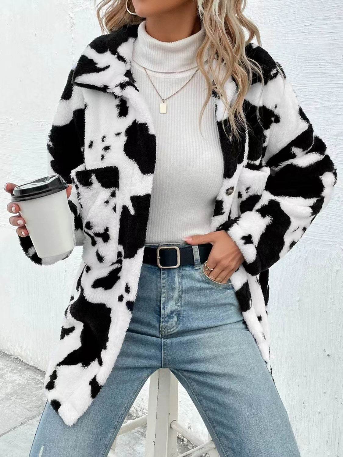 Cow Print Collared Neck Button Up Fuzzy Jacket - Delanoir