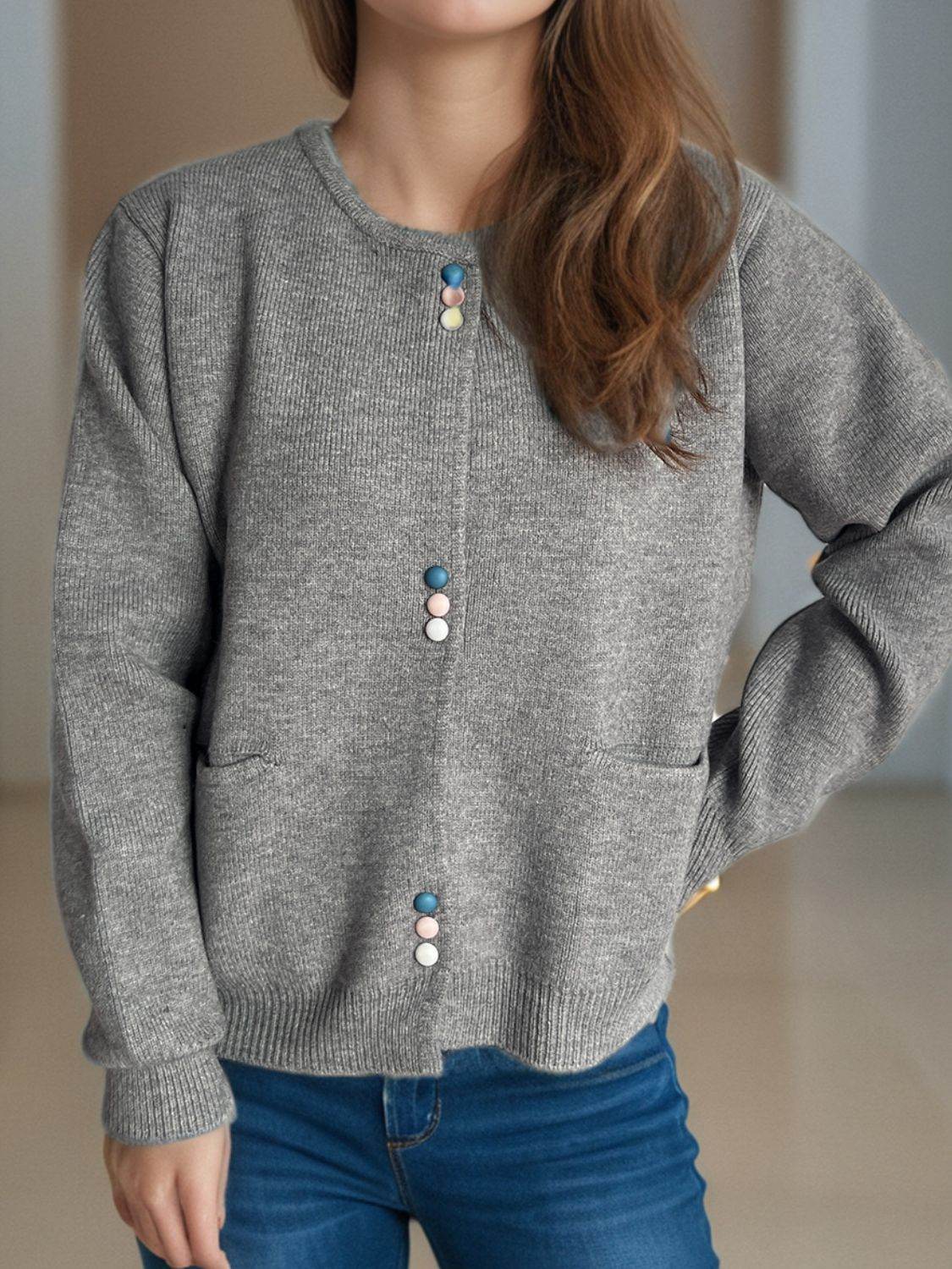 Button Down Long Sleeve Cardigan with Pockets - Delanoir