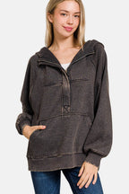 Zenana Acid Wash Fleece Kangaroo Hoodie - Delanoir