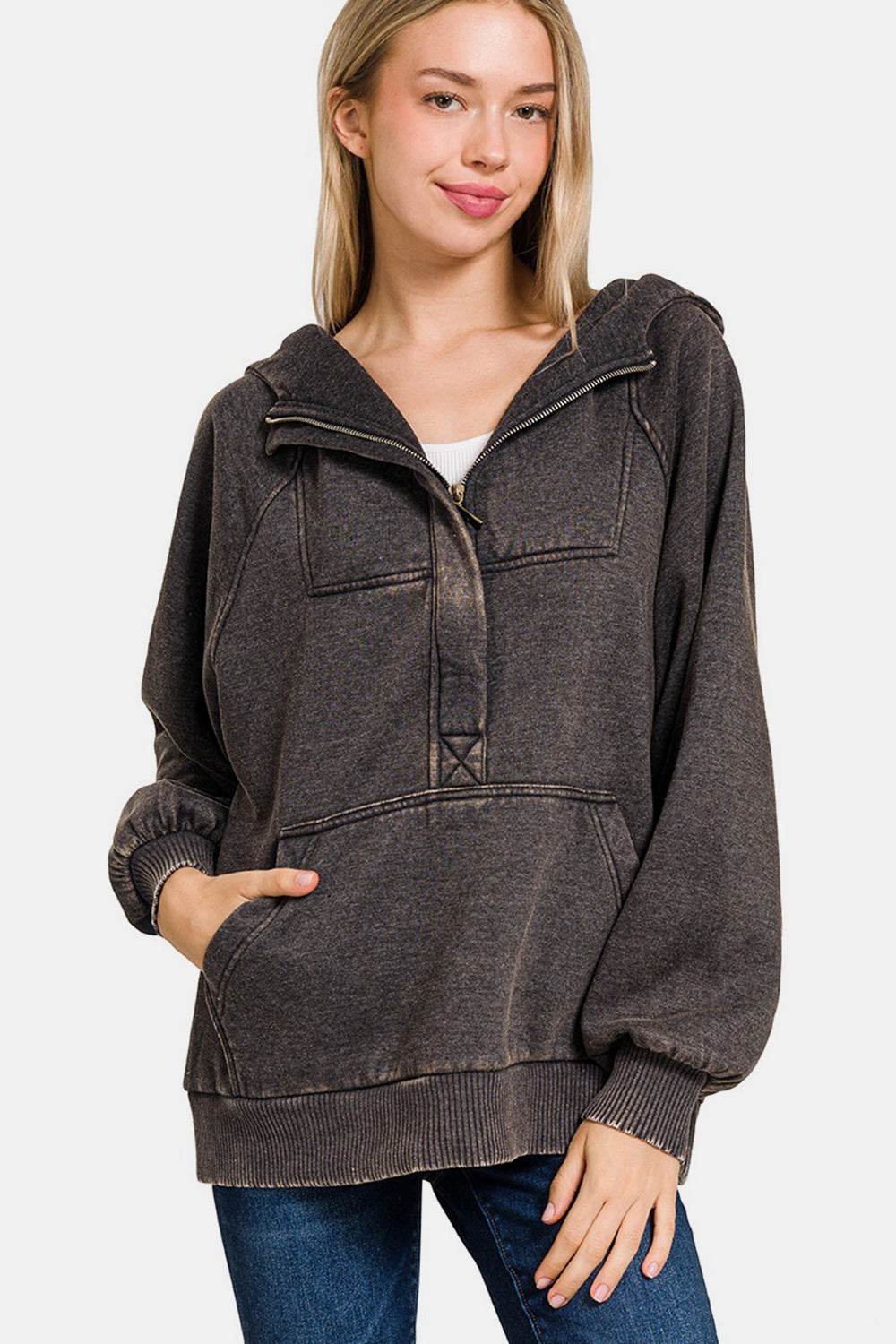 Zenana Acid Wash Fleece Kangaroo Hoodie - Delanoir