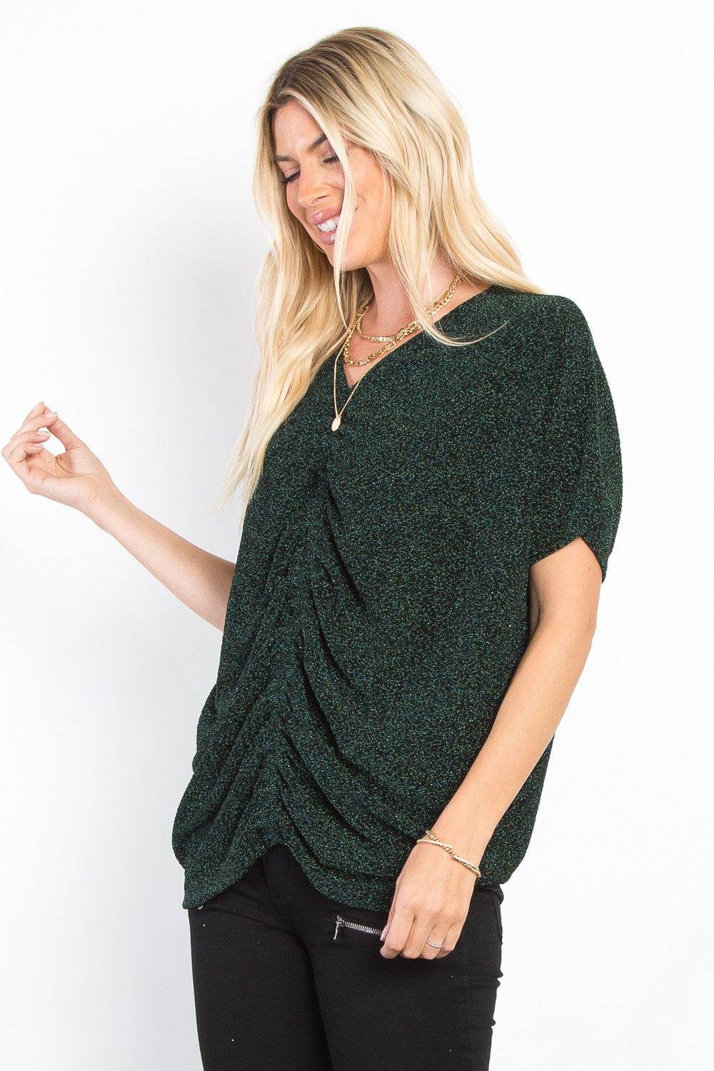 Be Stage Full Size Lurex Center Elastic Cinched Knit Top - Delanoir
