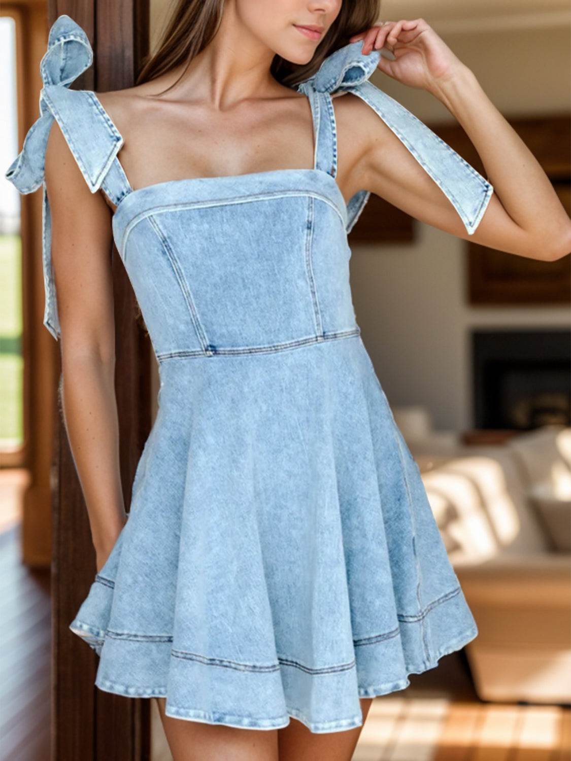 Square Neck Tie Shoulder Denim Dress - Delanoir