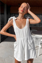 Full Size Scoop Neck Tie Shoulder Romper - Delanoir